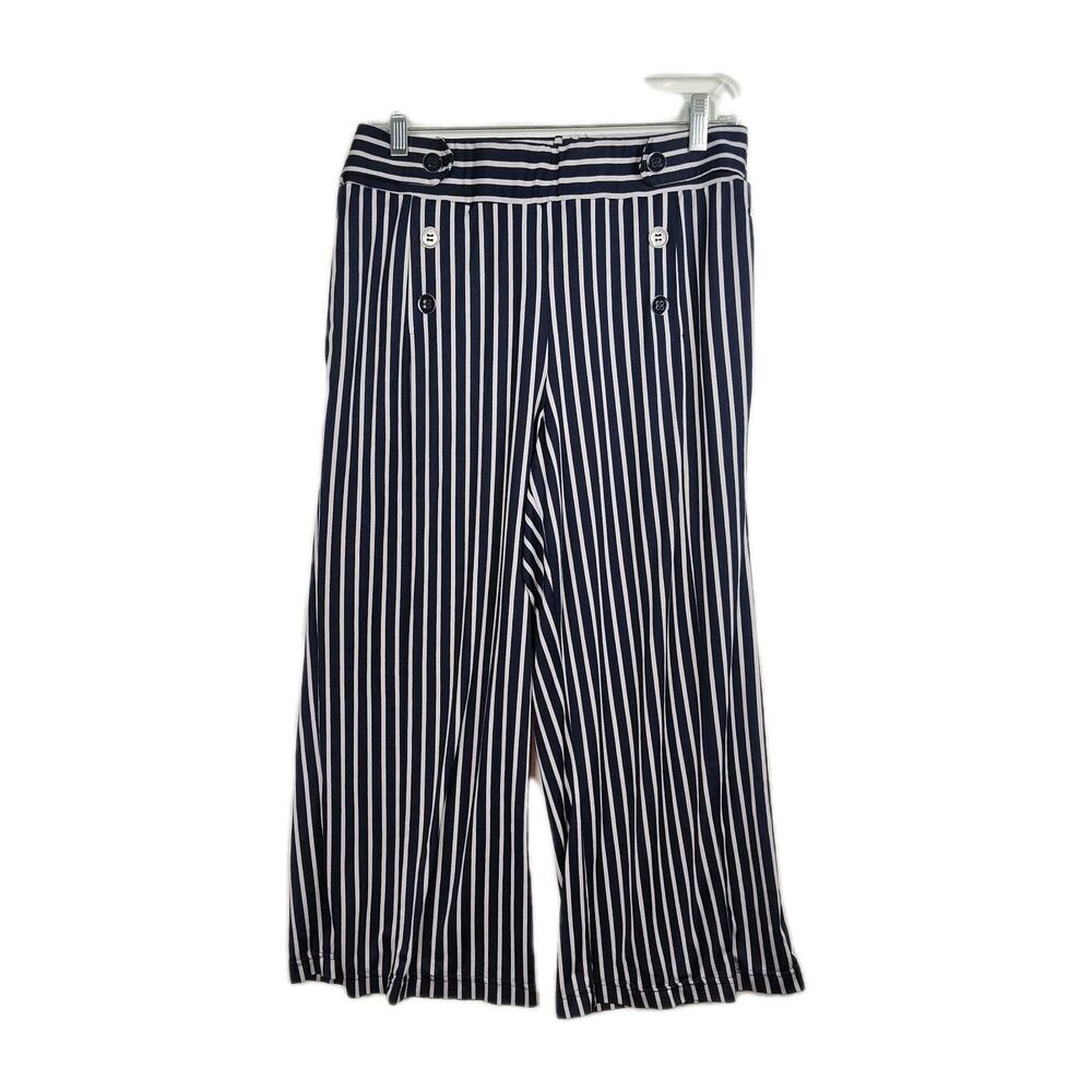 Robert Louis Pull-On Capri Pants Women's Size M Navy/White Stripes Elastic Waist